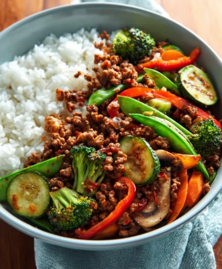 Spicy Beef Stir-Fry Bowl-Garlic Veggies & Steamy Rice