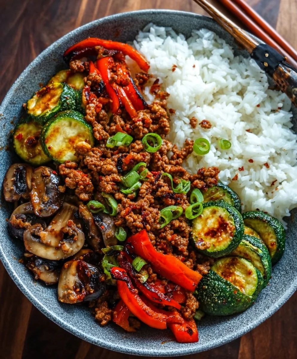 Spicy Beef Stir-Fry Bowl-Garlic Veggies & Steamy Rice
